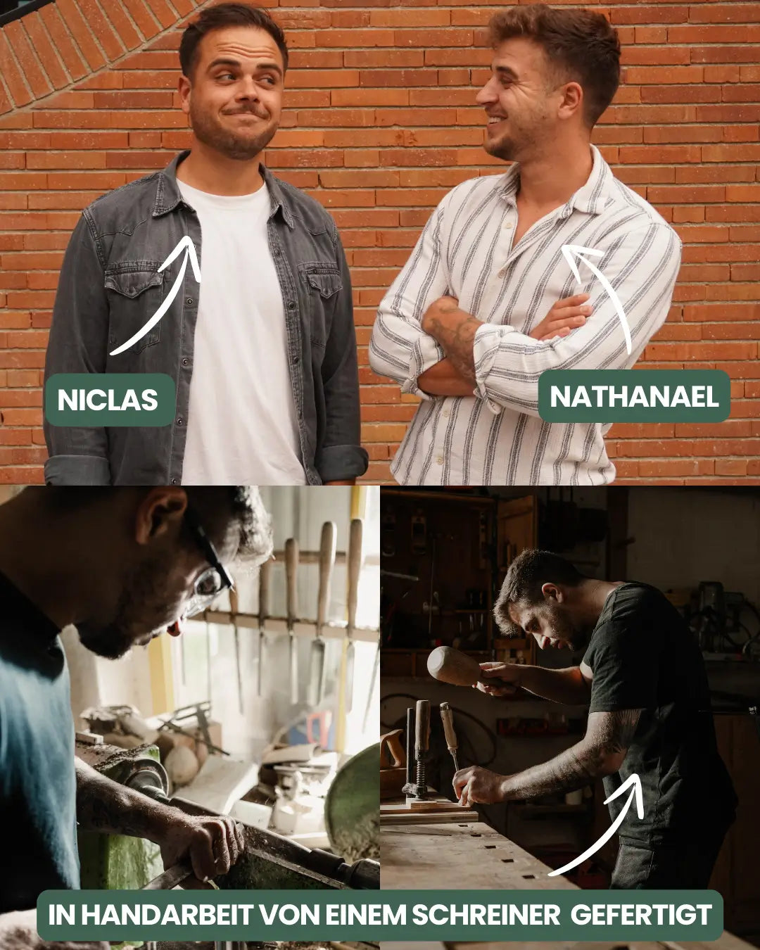 Niclas und Nathanael – das Gründerduo von Woodline Studio mit einem Einblick in die handwerkliche Fertigung durch einen erfahrenen Schreiner