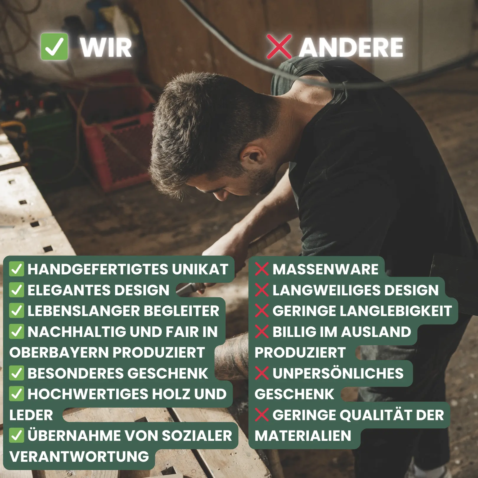 Vergleich zwischen Woodline Studio und Massenware – handgefertigtes Unikat aus hochwertigem Holz und Leder, nachhaltig produziert in Oberbayern vs. billig produzierte Massenware mit geringer Qualität