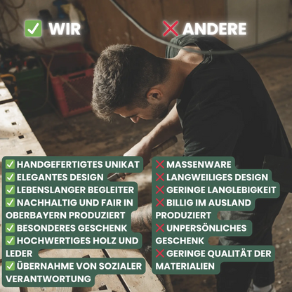 Vergleich zwischen Woodline Studio und Massenware – handgefertigtes Unikat aus hochwertigem Holz und Leder, nachhaltig produziert in Oberbayern vs. billig produzierte Massenware mit geringer Qualität